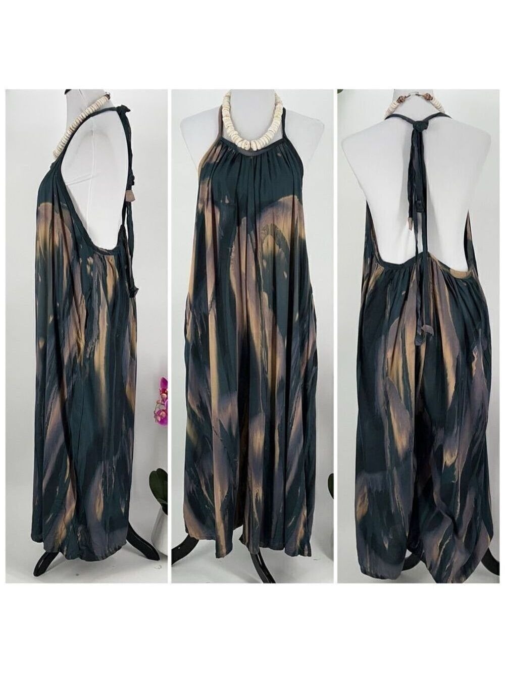 Kahakai ~ Teal Blue Purple Gray Tan Scoop Neck Plunge Back Overall Romper